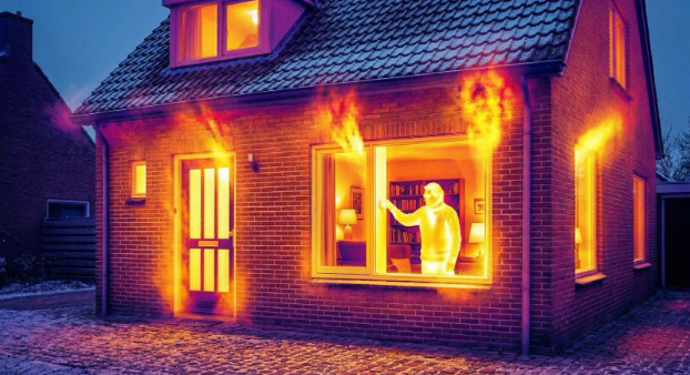 Thermische afbeelding van een huis met warmteverlies via ramen, deuren en kieren