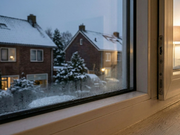 Condensvorming op een raam in een goed geïsoleerde woning tijdens de winter.