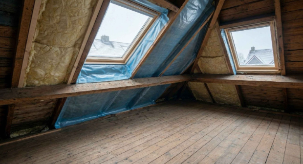 Dakisolatie aan de binnenkant van een schuin dak met isolatiewol en dampfolie.