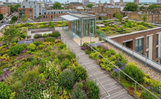 Plat dak met groendak en omgekeerde dakisolatie.