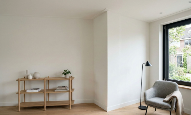 Strak afgewerkte gipsplaten muur zonder stucwerk in een minimalistisch interieur.