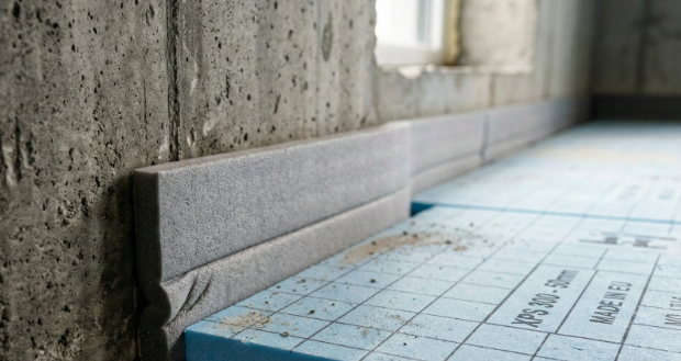 Randisolatie langs de muur bij een betonvloer om warmteverlies en scheuren te voorkomen.