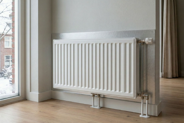 Witte radiator met aangebrachte radiatorfolie op de muur erachter.